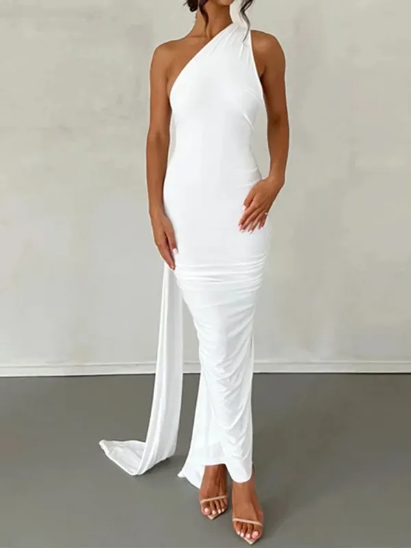 Pakaian Neon Y2K Satu Bahu Tanpa Lengan Tanpa Belakang Tanpa Belakang Ruched Bodycon Gaun Maxi untuk Pesta Hari Lahir Kelab Wanita Prom Petang