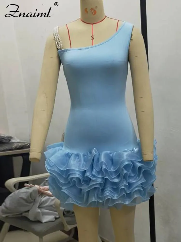 Znaiml Women Blue Stretchy Mini Dresses With Pearls Ruffles Trimmed Bottom Sexy Sheath Short Guest Birthday Party Wedding Gowns — image 6