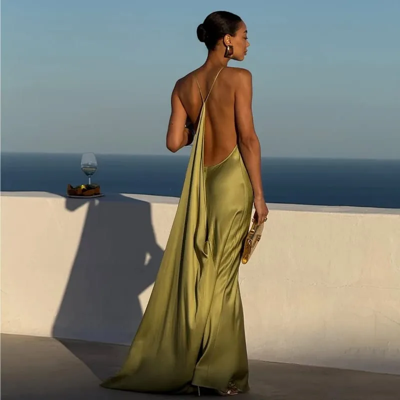 Robe longue élégante pour femmes, couleur unie, fendue sur le côté, dos nu, col en v, hanche, paquet de hanches, été automne, Robe de soirée, 2026