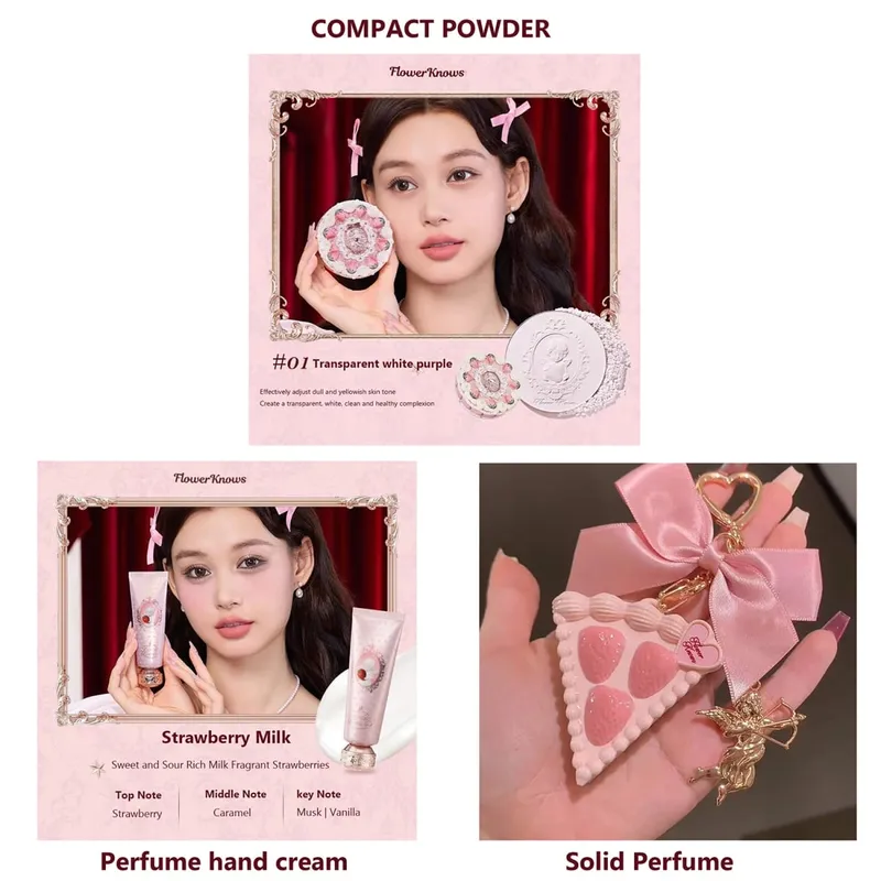 Sady Flower Knows Strawberry Cupid Full Coverage Foundation Powder Kompaktní pudr Tuhý parfém Krém na ruce Dárková sada pro ženy