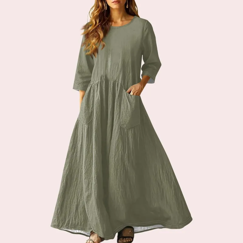Gaun Panjang Longgar Musim Panas Wanita Warna Pejal Lengan Tiga Suku Gaun Poket Berganda Gaun Linen Leher Bulat Longgar Vestidos — image 18