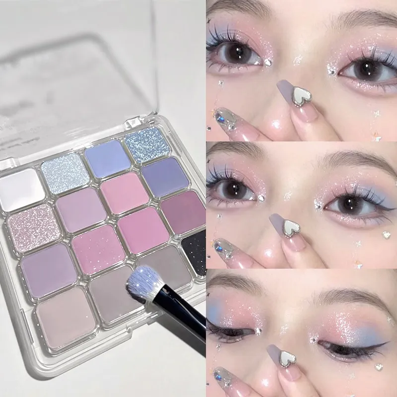 16-Farben-Lidschatten-Palette, matt, niedrige Sättigung, wasserfest, glitzernd, blauer Lidschatten, langlebiges rosa Augen-Make-up, koreanische Kosmetik