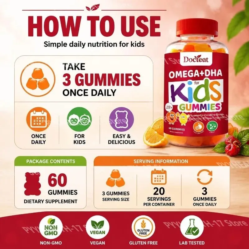 Docteat Omega+DHA Kids Gummies พร้อม DHA จากสาหร่าย วิตามินซีและ Chia Oil Omega-3 6 9 สำหรับสมองและการมองเห็น 60 Gummies — image 5