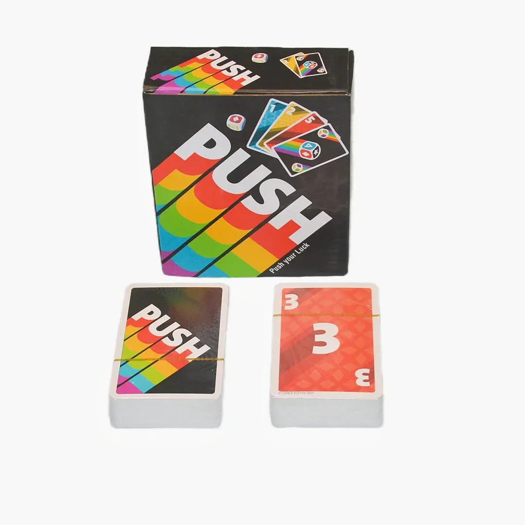 《Push 2026》 un juego de cartas, juego de mesa, juego interactivo con instrucciones en inglés, español, francés, alemán, italiano y holandés, de ritmo rápido, fácil de aprender, una excelente opción para fiestas