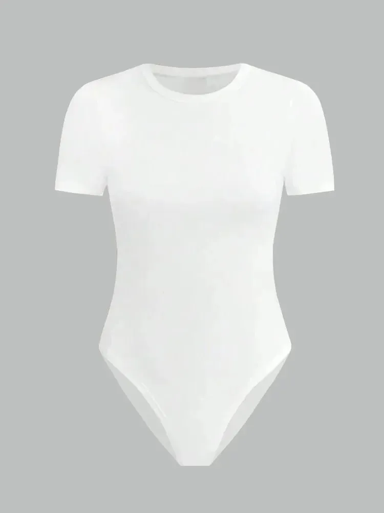 Body basique à manches courtes pour femmes, couleur unie, col rond, barboteuse moulante, chemisier, Streetwear, été