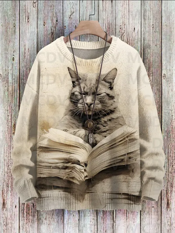 Sweter Pulover Rajut Kasual Gambar Cetak Pola Seni Burung Bunga Kucing Hitam Lucu Sweter Klasik Pulover Pria untuk Wanita — image 8