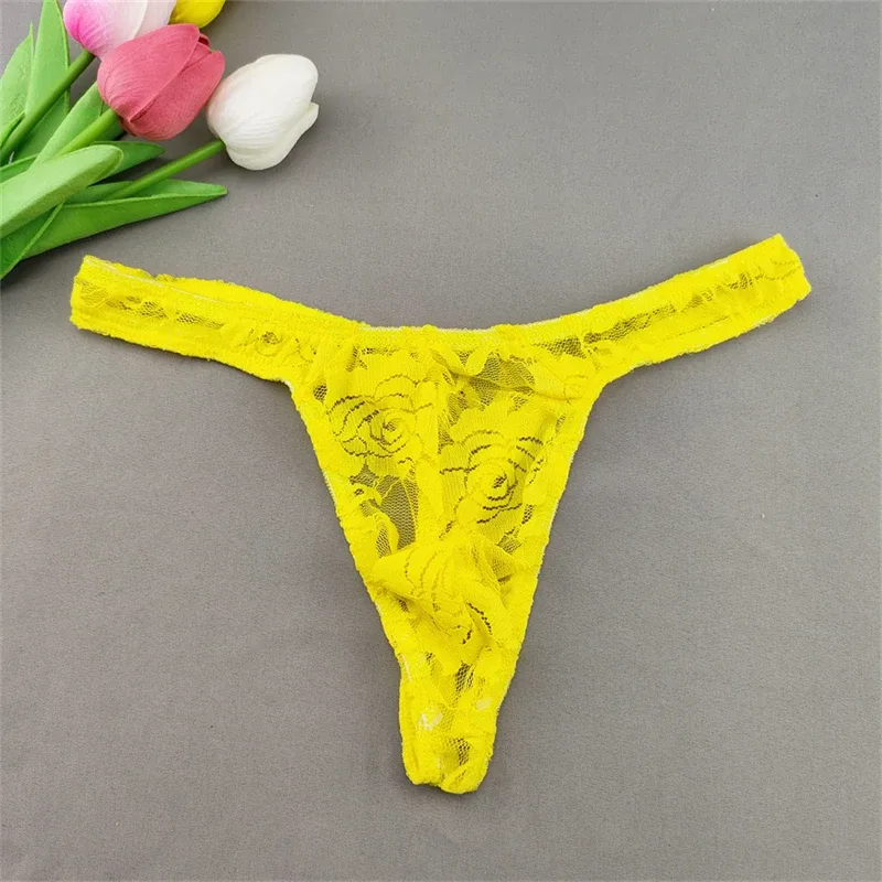 Lace Floral Sexy Men's Underwear Solid Hollow Perspective Thong Comfort Bugle Enhance Sissy G-String Gay Low Rise T-back Panties — image 14