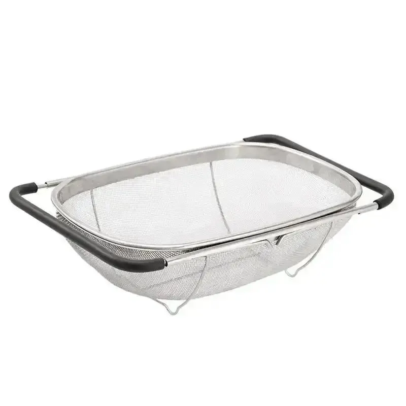Cesta de drenagem retrátil, alças de borracha, escorredor oval, pia, drenagem de vegetais, cesta de armazenamento doméstico, aço inoxidável
