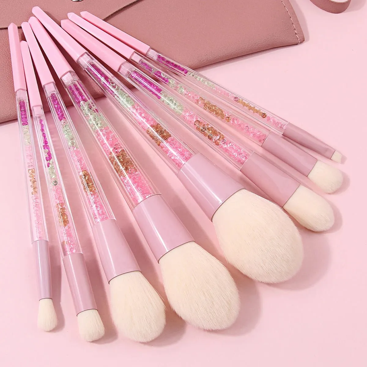 11PCS Pink Glitter Makeup Brush Set with Bag Crystal Handle Brushes Makeup Sponge Powder Puff Storage Bag Soft Hair Full Face — image 5