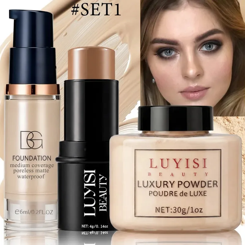 Sada make-upu na obličej: 1 ks základ + 1 ks konturovací tyčinky + 1 ks nastavovacího prášku s plným pokrytím Vodotěsná a potu odolná měkká kosmetika. — image 3