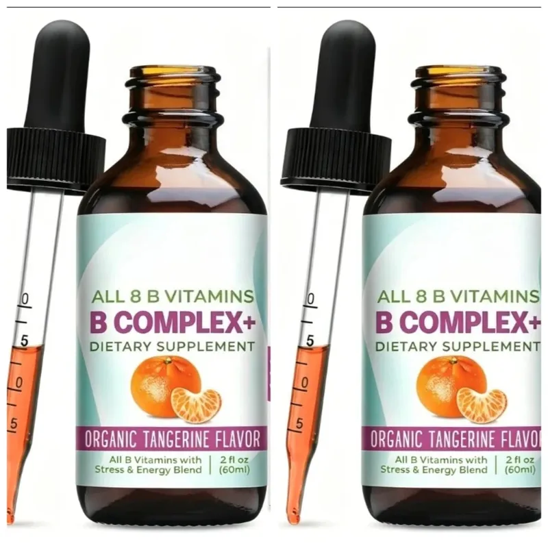 Vitamin-B-Komplex, flüssige Tropfen-Ergänzung, vegan, B1, B2, B3, B5, B6, Biotinfolat und Cholin plus Mischung zur Energieunterstützung, 60 ml