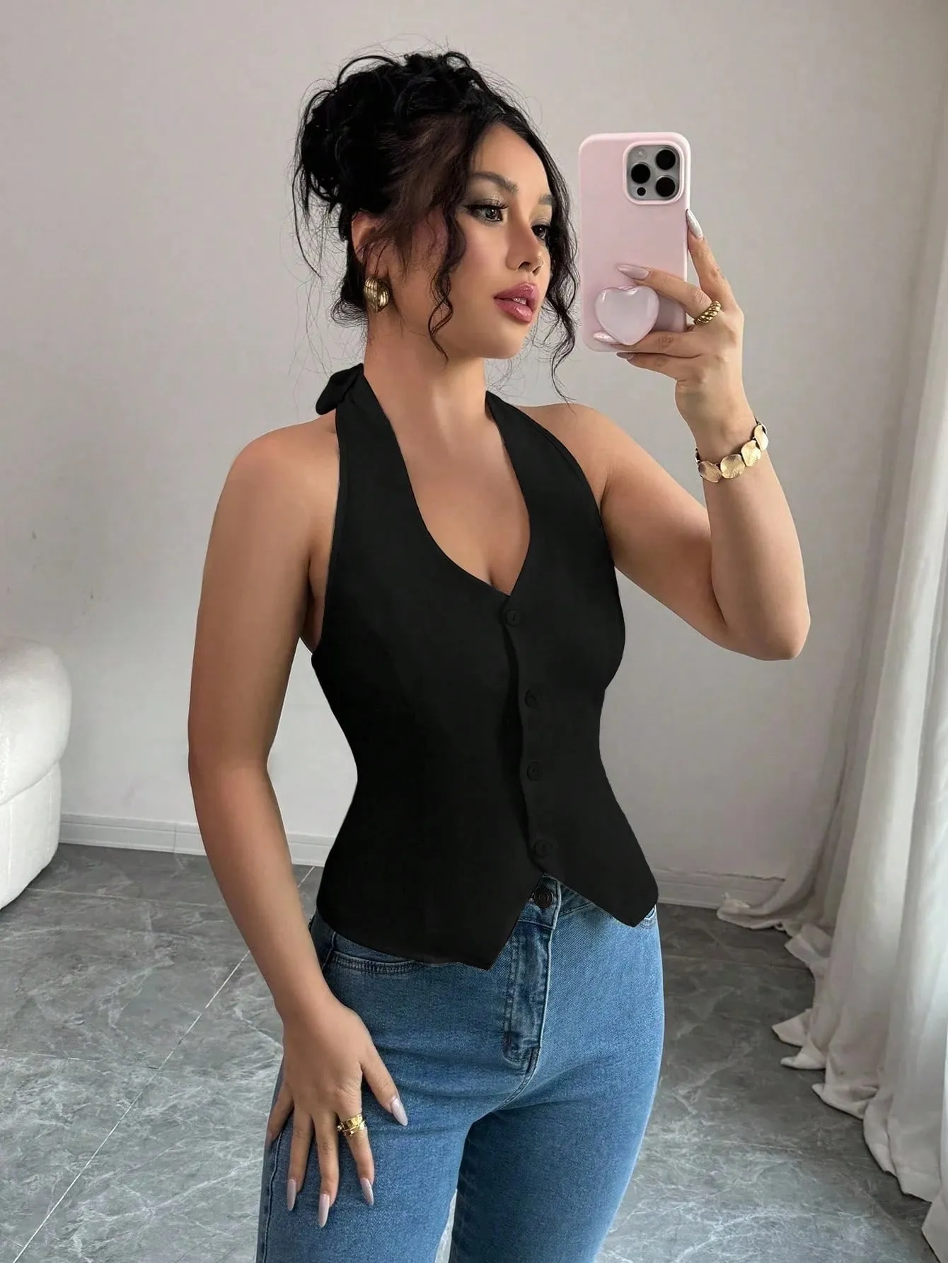 ผู้หญิงสีทึบลำลองปุ่ม-Up Halter Top Tank Vest One PieceสบายBreathableแฟชั่นฤดูร้อนสวมใส่ — image 4