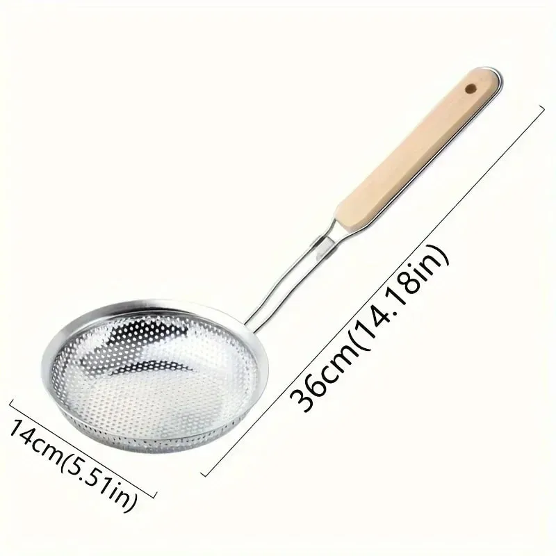 Scolapasta in acciaio inossidabile con manico in legno - Cucchiaio schiumarola a maglia fine per cucinare, preparare alimenti, filtrare il grasso per tagliatelle di pasta — image 5
