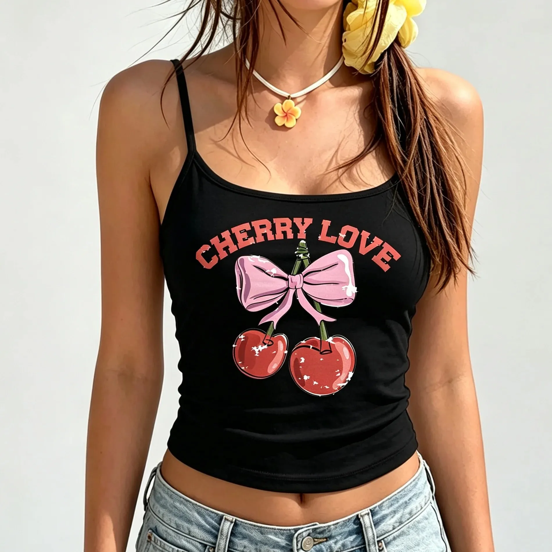 Top Tank Grafik Cherry Merah Wanita Musim Panas Kamisol Spaghetti Strap Rompi Tanpa Lengan Kasual Percutian Pantai Tops Gadis Sejuk Streetwear — image 2