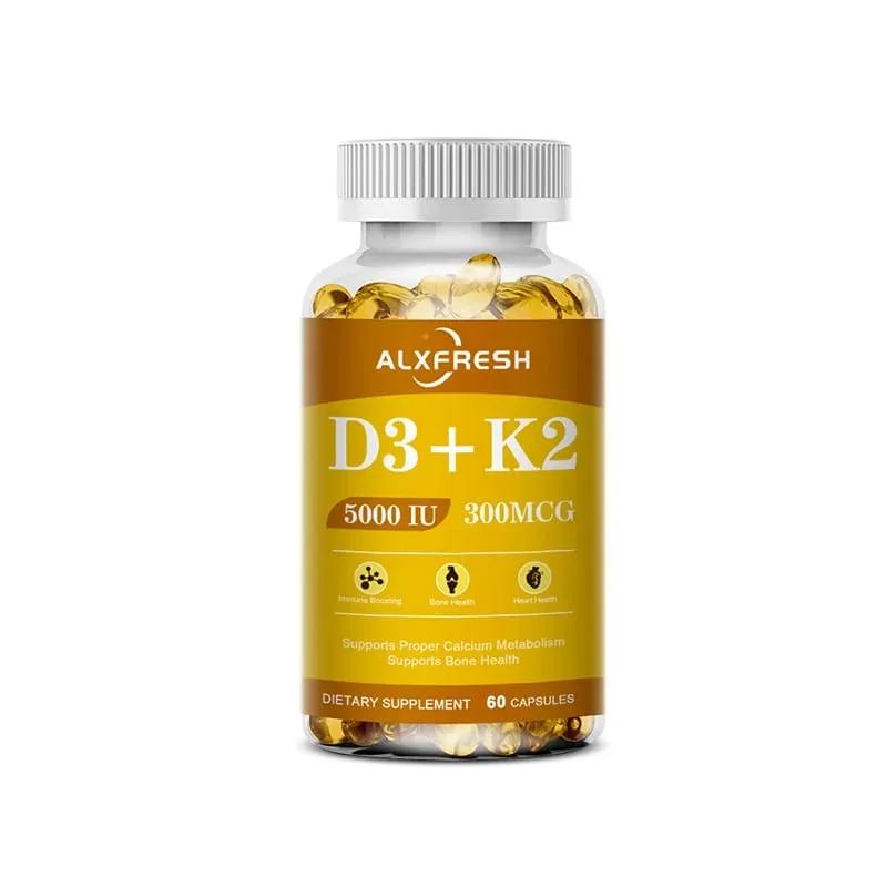 Alxfresh Vitamina D3K2 Capsule Assorbimento del calcio Supporto del sistema immunitario osseo e articolare Collagene Miglioramento dell'integratore per la salute della pelle