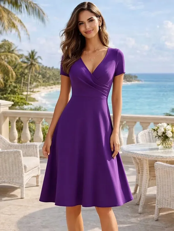 Damen-Kleid, elegant, Rundhalsausschnitt, Sommer, kurzärmelig, einfarbig, A-Linie, knielang, Kleid mit hoher Taille, für Party, Hochzeit, lässiger Abgang — image 8