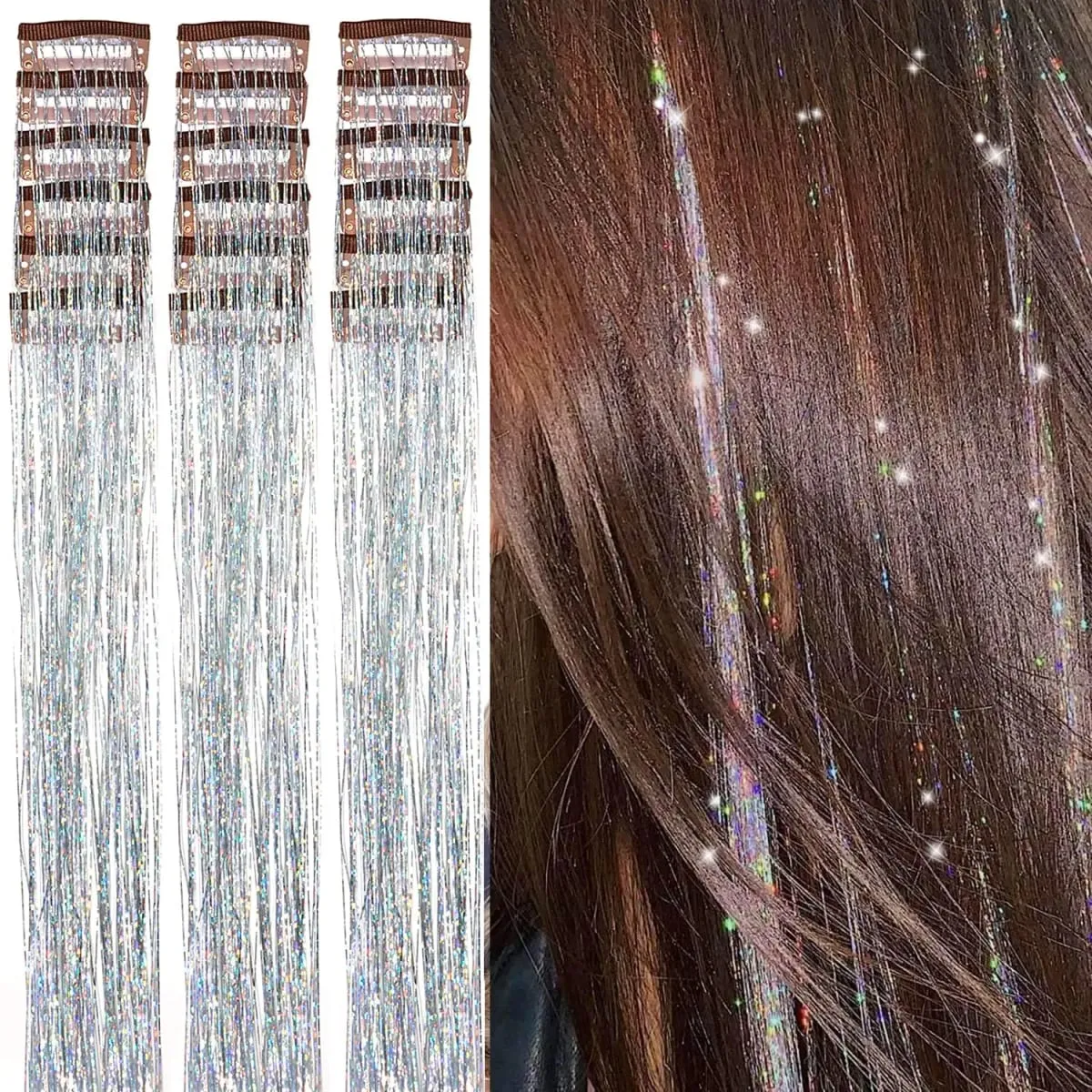 20 นิ้ว Glitter Tinsel Hair Extensions พร้อมคลิป 6 ชิ้น/เซ็ตสังเคราะห์คลิปใน Sparkle Fairy อุปกรณ์เสริมผมสำหรับเด็กผู้หญิง — image 12