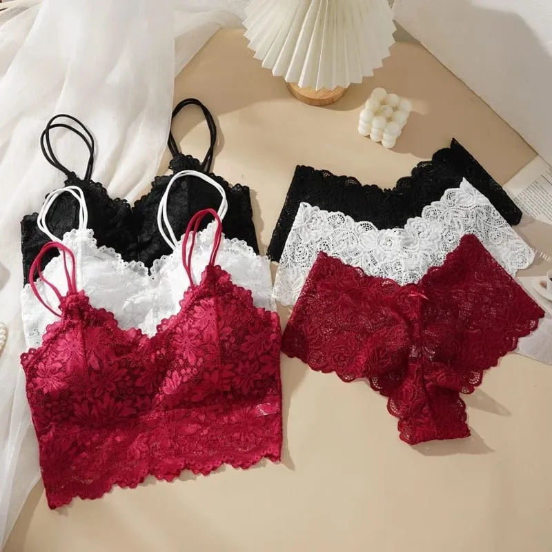 Women's Sexy Lace Bra Suit Solid Set Beautiful Back Hollow Out No Steel Ring Underwear With Lace Flower Breathable Panties — image 2