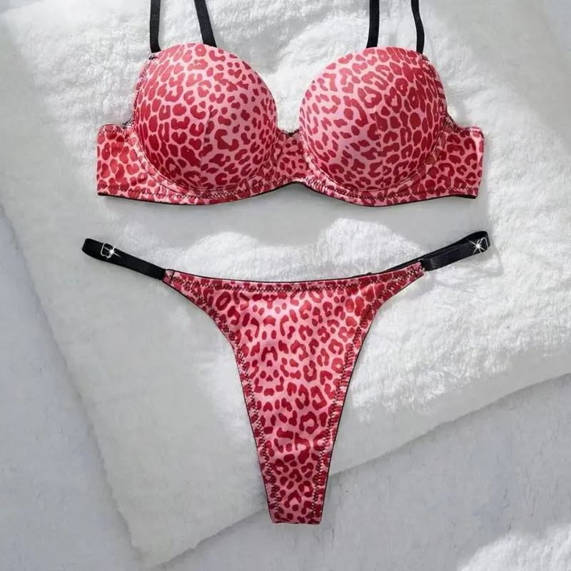 ผู้หญิงเซ็กซี่เสือดาวพิมพ์ชุดชั้นในชุด Push-Up Bra รัดรูปพร้อมแหวนเหล็ก Gathering — image 8