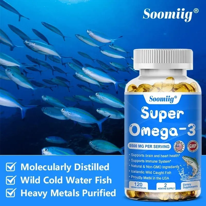 Wild Caught Super Strength Omega 3 Fish Oil 120 Softgels 5500mg High EPA 1200mg DHA 900mg Non-GMO Gluten Free Dietary Supplement
