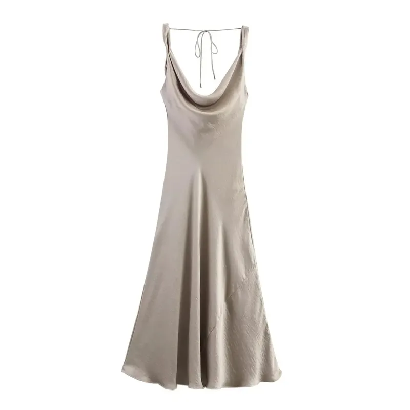 HH Abito longuette da donna in stile vacanza in raso con scollo a V senza schienale Abito estivo femminile elegante con cinturino allacciato — image 13