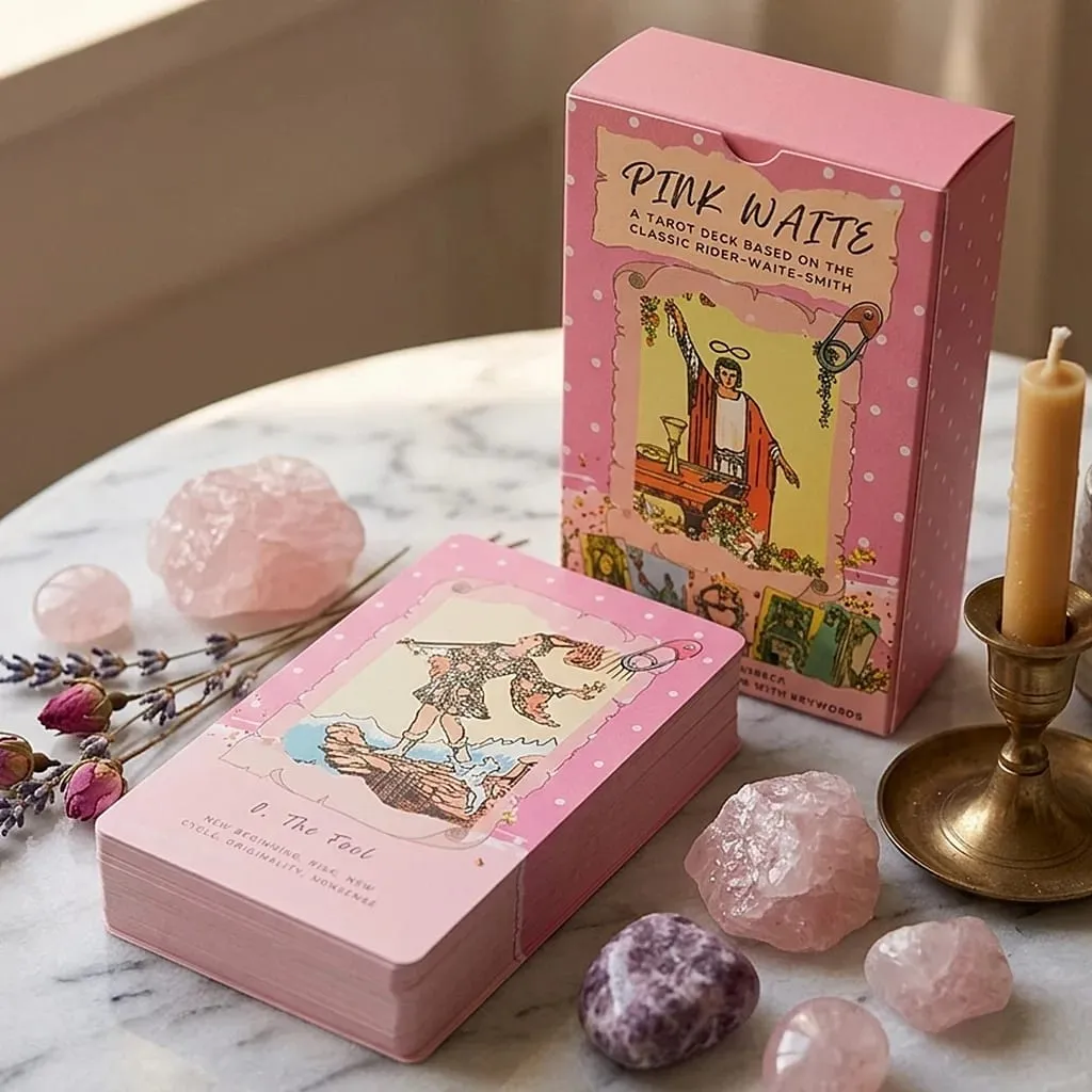 Dek Tarot Pink Waite 78 Kad Dengan Kata Kunci Reka Bentuk Kolaj Merah Jambu Comel Ramalan Dek Oracle Permainan Papan Meramal — image 1