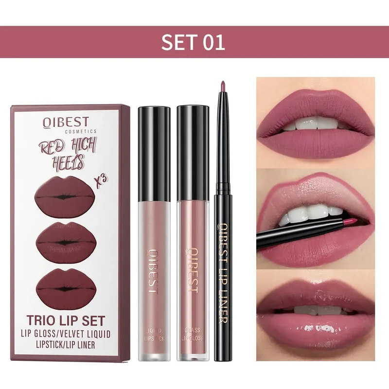 Lipstik Cair Matte & Lip Liner & Lip Gloss 3 Buah Set Kit Kosmetik Pewarna Bibir Merah Hitam Ungu Tahan Lama Anti Lengket — image 11