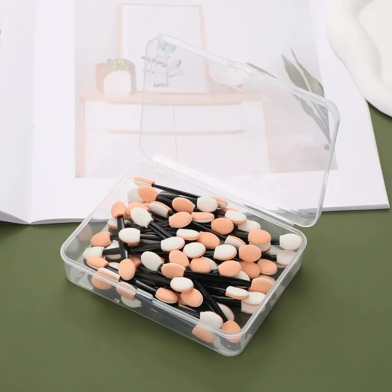 50/100/200/300/500PCS Dual ด้านอายแชโดว์ฟองน้ำ Applicators พร้อมคอนเทนเนอร์ความยาวแปรงอายแชโดว์แต่งหน้า Applicator