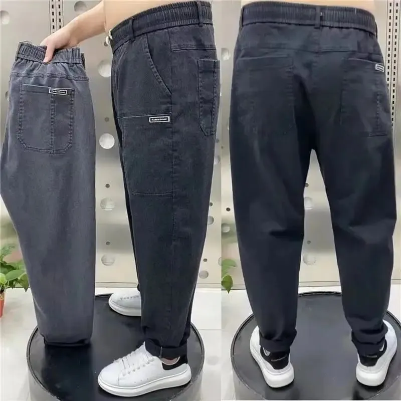Harajuku Stretch Korea Streetwear Loose Solid Denim Jeans Elastic Waist for Men Spring Summer New plus size 7XL 8XL Casual Pants — image 15