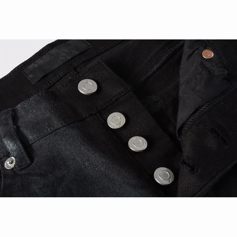 Seluar Jeans Tirus Tirus Bersalut Hitam Lelaki Dibasuh Bermasalah Rekaan Butang Terbang Gaya Jalan Tinggi — image 4