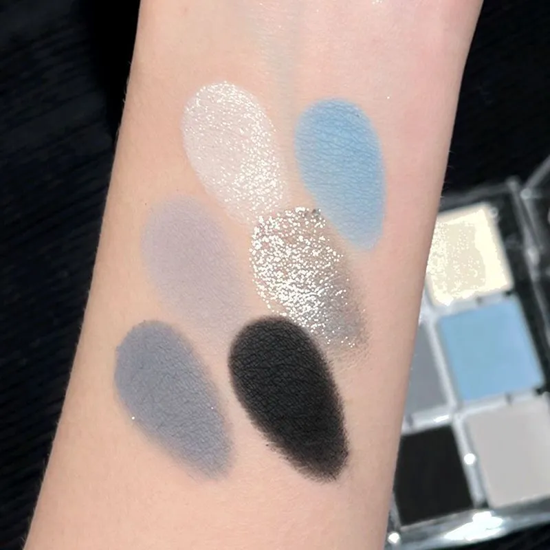 Tavolozza di ombretti fumosi blu grigio opaco Tavolozza di ombretti acrilici argento glitter a 6 colori Tavolozza di ombretti a lunga durata Cosmetici per il trucco degli occhi