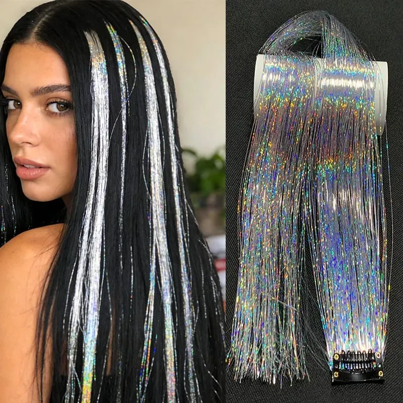 Synthetische Regenbogen-Lametta-Haarverlängerung zum Anklippen, glänzendes Glitzer-Perücke-Haarteil für Frauen, Party, Cosplay, tägliches DIY-Haar-Accessoire — image 2