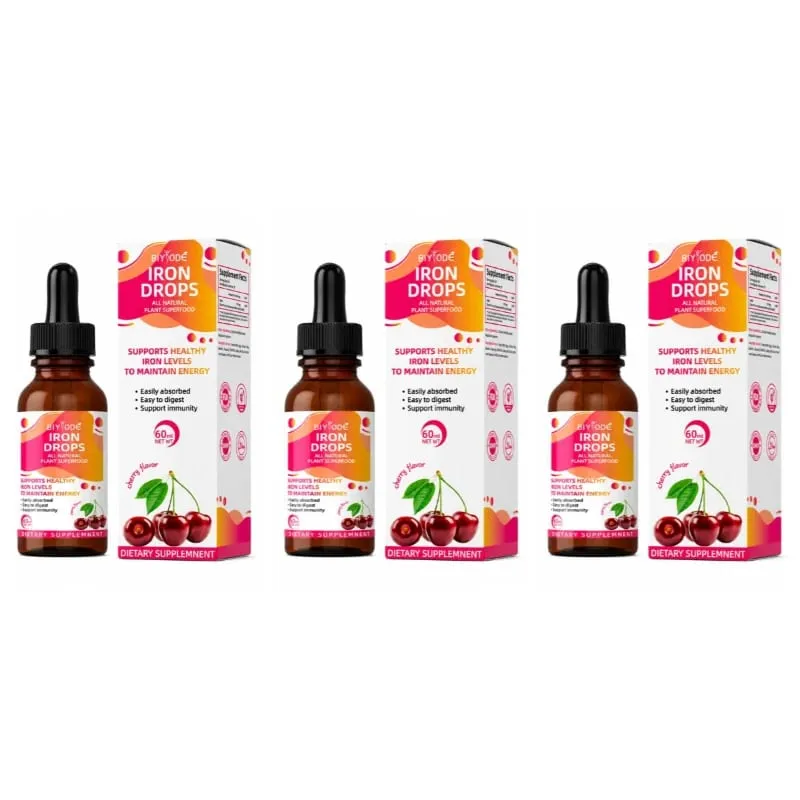 Supplément liquide Iron Drops 18 Mg (100% DV) Ferrochel Bisglycinate ferreux chélate Absorption facile Saveur cerise 60 ml
