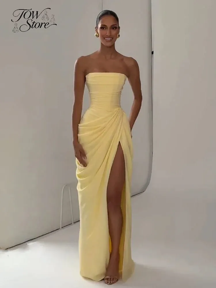 Frauen Sexy Solide Plissee Liebsten Kleid Dame Chic Off-schulter Backless Hohe Taille Split Kleider 2026 Sommer Abend Party kleid — image 3