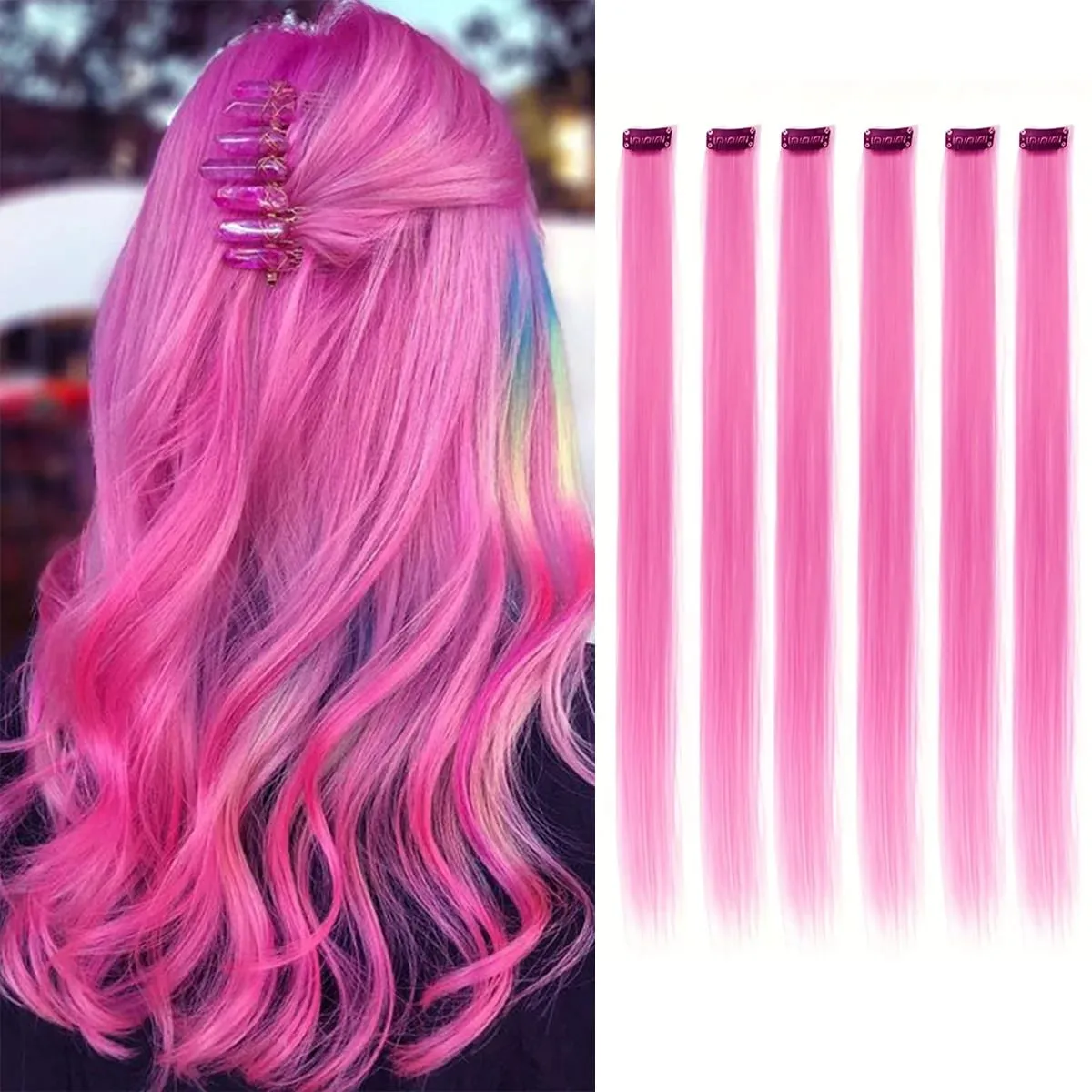 6 Stück/Packung, farbige Party-Highlights, Clip-in-Haarverlängerungen, 22 Zoll, mehrfarbig, glattes Haar, synthetische Haarteile — image 8