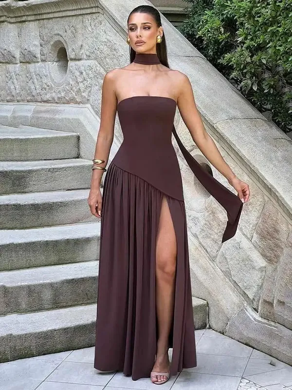 Elegante abito da donna estivo sexy senza spalline con spalle scoperte Abito patchwork con pieghe Sciarpa collo Abiti lunghi da sera con spacco alto