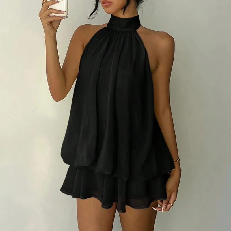 Abito allacciato in tinta unita stile francese Abito da donna senza maniche con spalle scoperte Mini abito a linea Spicy Girl Beach Vacation — image 4