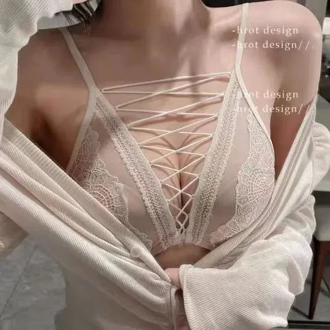ภาษาฝรั่งเศสคำเซ็กซี่ชุดชั้นในชุด Underwire Push Up Bra สำหรับหน้าอกขนาดเล็กลึกรวบรวม Lace Up Cutout Pure Look CA MOYISU เซ็กซี่ Tushy — image 9