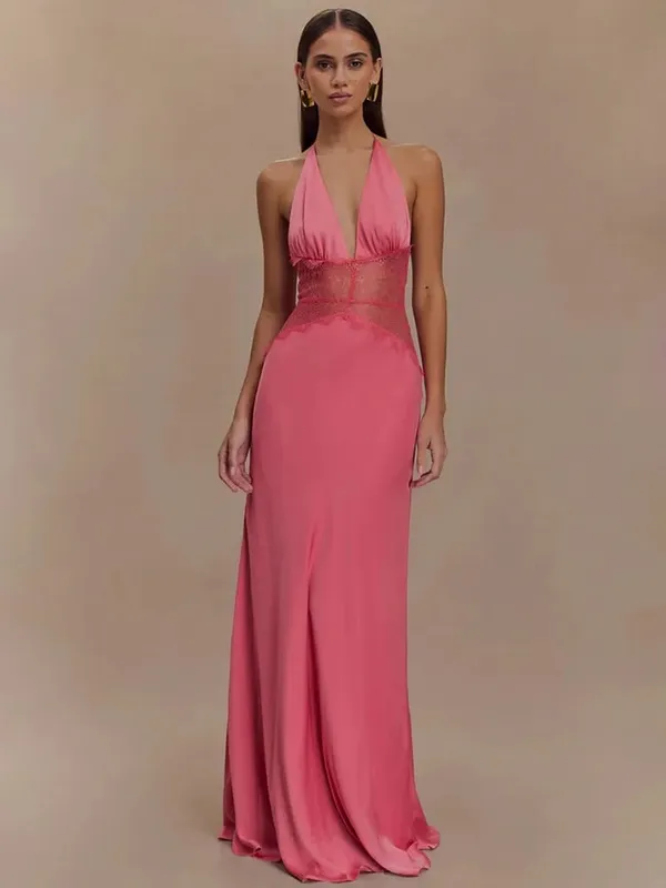 Mozision Abito lungo sexy senza schienale estivo Abito da donna Patchwork in pizzo Halter scollo a V profondo senza maniche abito lungo elegante a vita alta — image 6