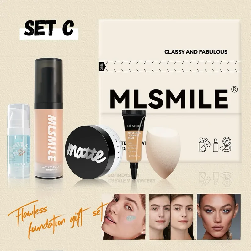 Set Rias Wajah All in One Liquid Foundation Powder Primer dan Egg untuk Hasil Matte Tahan Lama