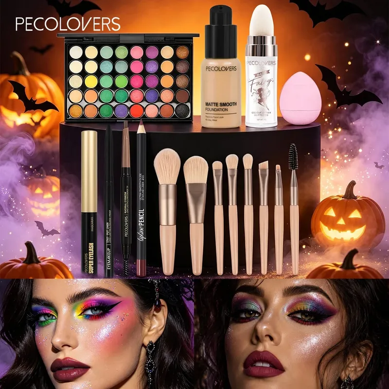 16PCS/SET Bright Multicolor Eyeshadow Long Lasting Foundation Primer Eye Lip Makeup and Soft Makeup Brushes for Party Looks