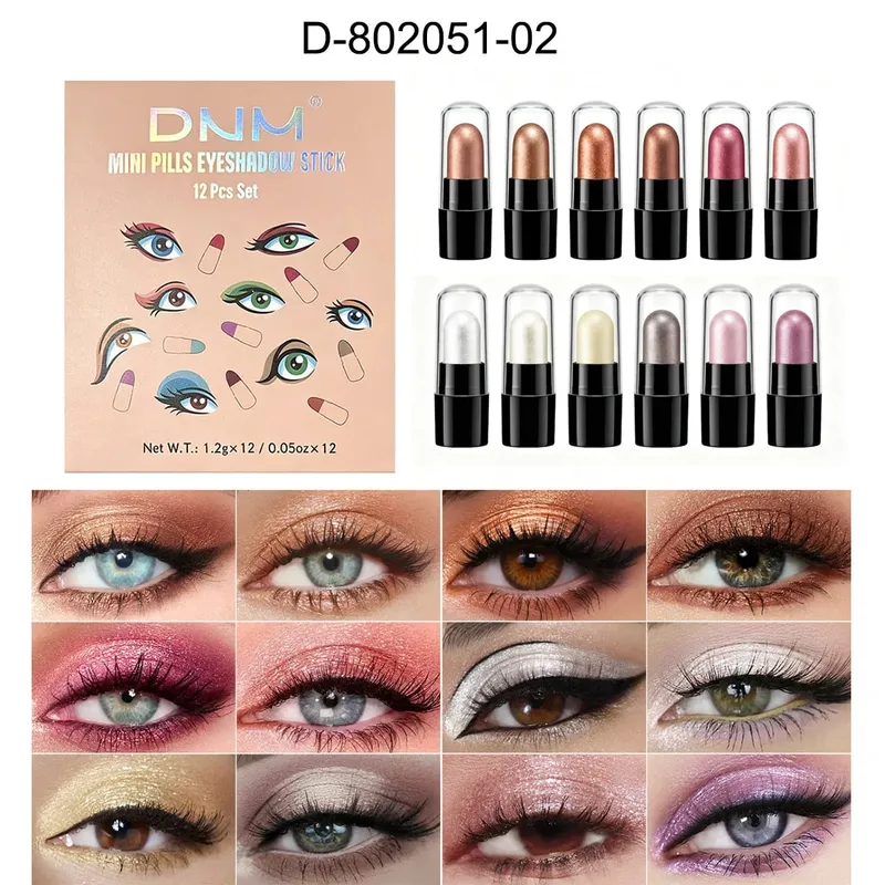 DNM 12-Farben-Make-up-Set, Kapsel-Lidschattenstift, langlebig und einfach zu färben, perlmuttfarben, glänzend und schlafender Seidenraupen-Aufheller