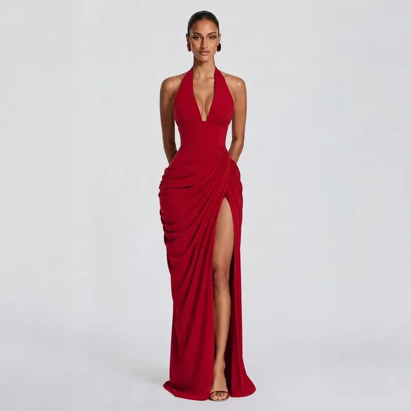 Abito lungo da donna sexy con scollo all'americana, elegante scollo a V profondo senza maniche, abiti a fessura alta, abiti da sera, moda femminile