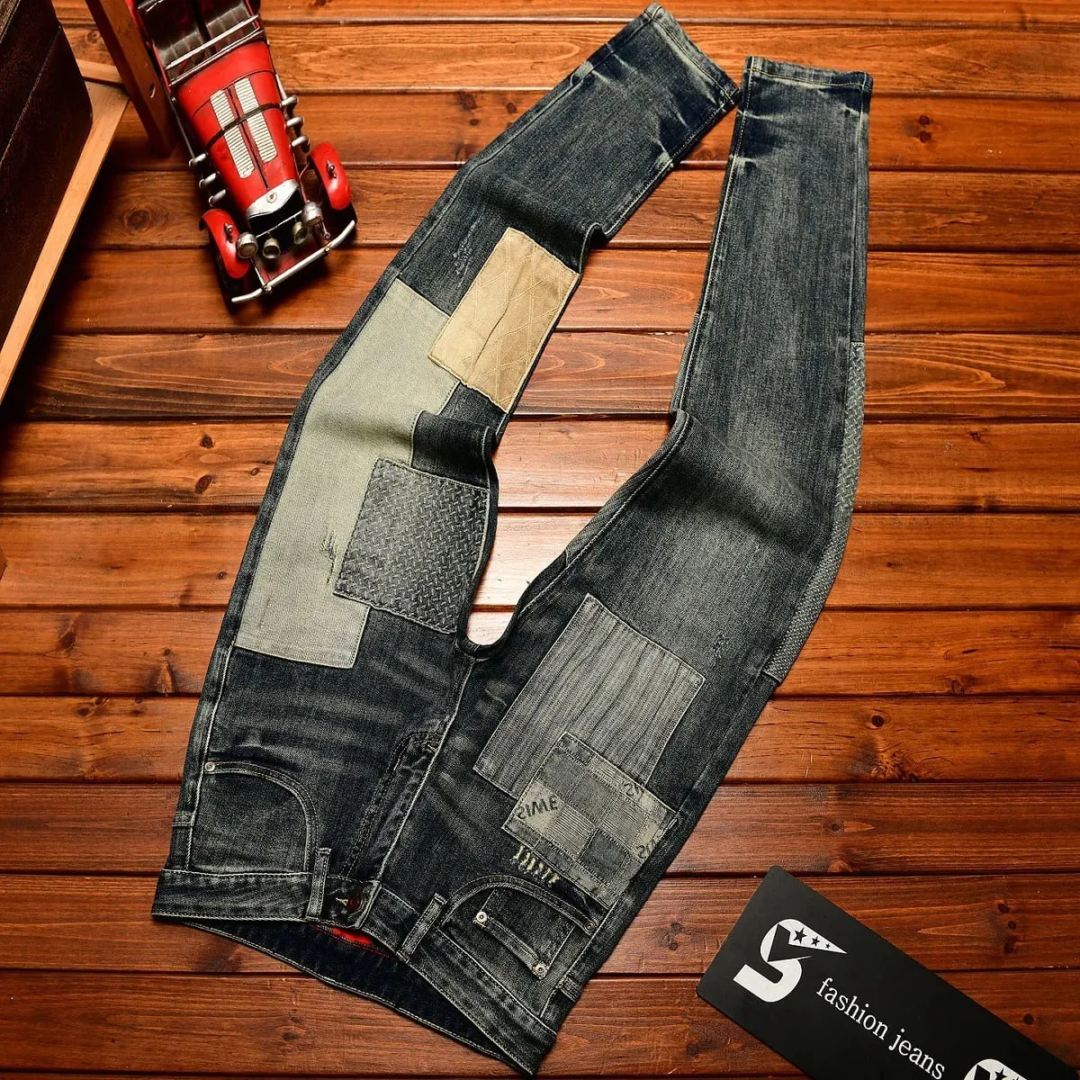 Retro og nostalgisk patchwork-design jeans til mænd trendy og moderigtigt street herretøj slim fit small fod lange bukser