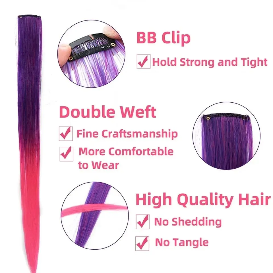 2026 สี Highlight Hair Extensions 22 นิ้วสายรุ้งสังเคราะห์ยาวตรง Hairpieces สีม่วงสีชมพูสีฟ้าสำหรับหญิงสาวเด็ก — image 4