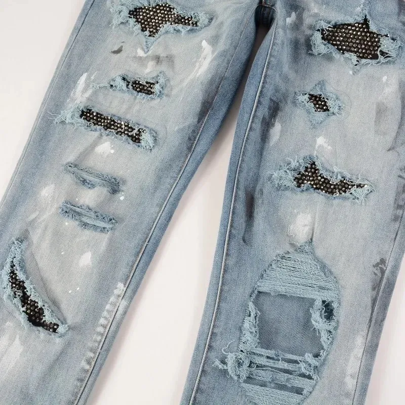 Blue High Street หลุมคริสตัลโปร่งใส Patchwork ยืด Slim Fit Rhinestones แพทช์ Distressed Ripped Graffiti กางเกงยีนส์ผู้ชาย — image 7