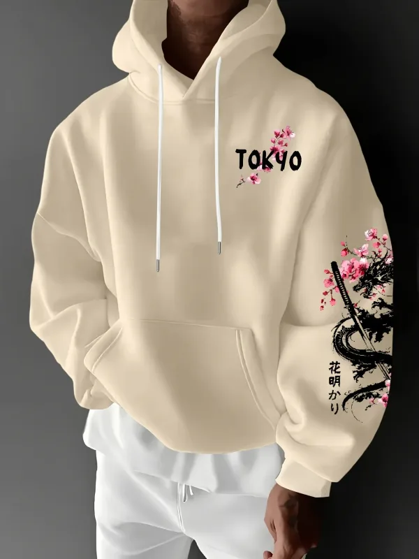 Herren-Kapuzenpullover im Anime-Stil mit Drachenmuster und Kirschblüten-Print für Winterwärme, lockeren und lässigen Stil — image 5