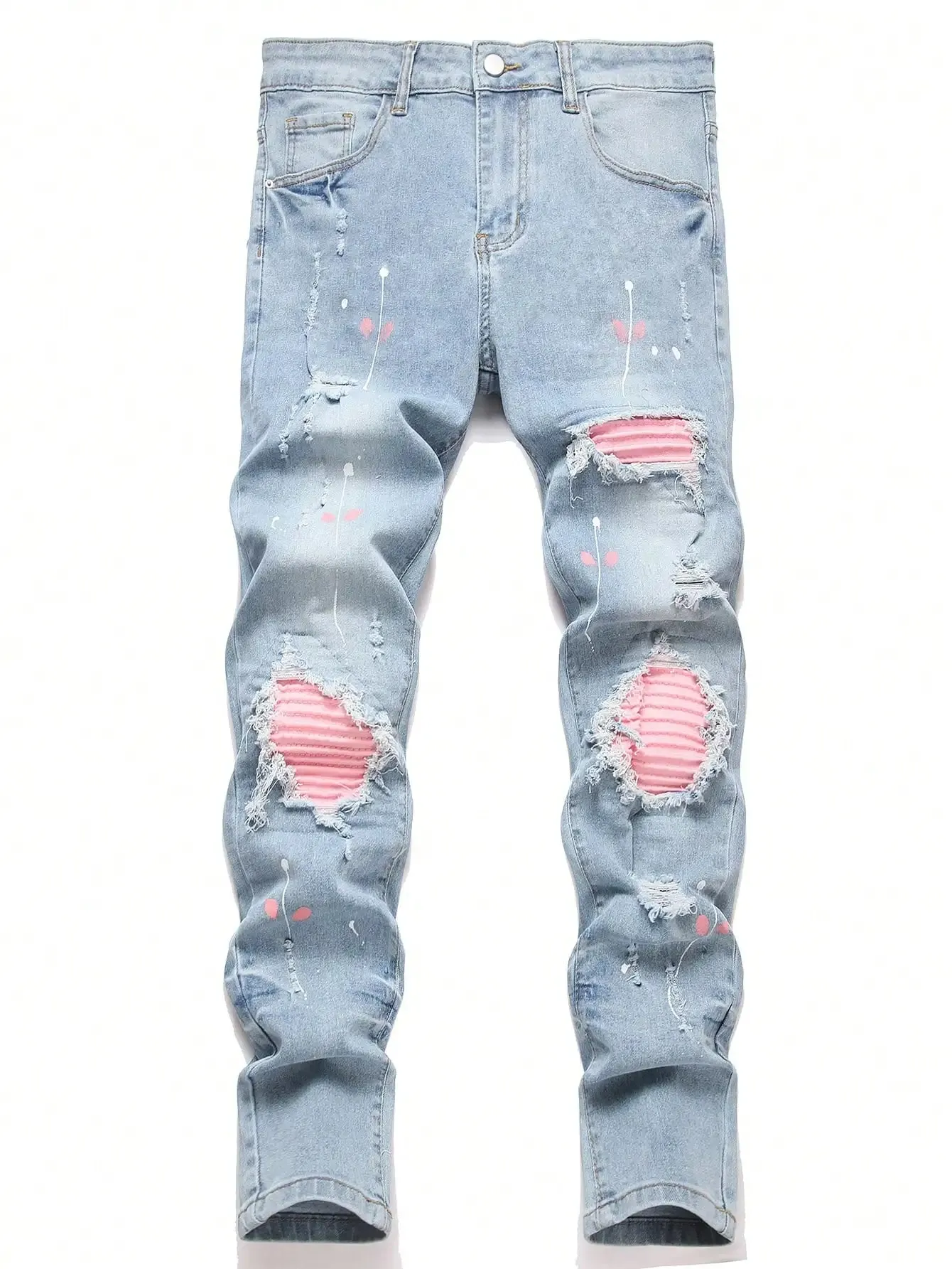 Jean Denim en détresse pour hommes, très extensible, trou déchiré, patchs de motard roses, peinture, pantalon en Denim, coupe cintrée, pantalon Hip Hop de rue décontracté — image 8
