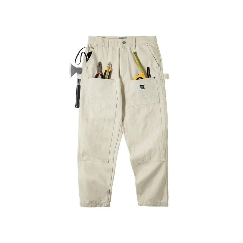 Maden Workwear American Retro Distressed Loose Off White Jeans Washed Straight Multi Pocket Woodcutter Hose Herren