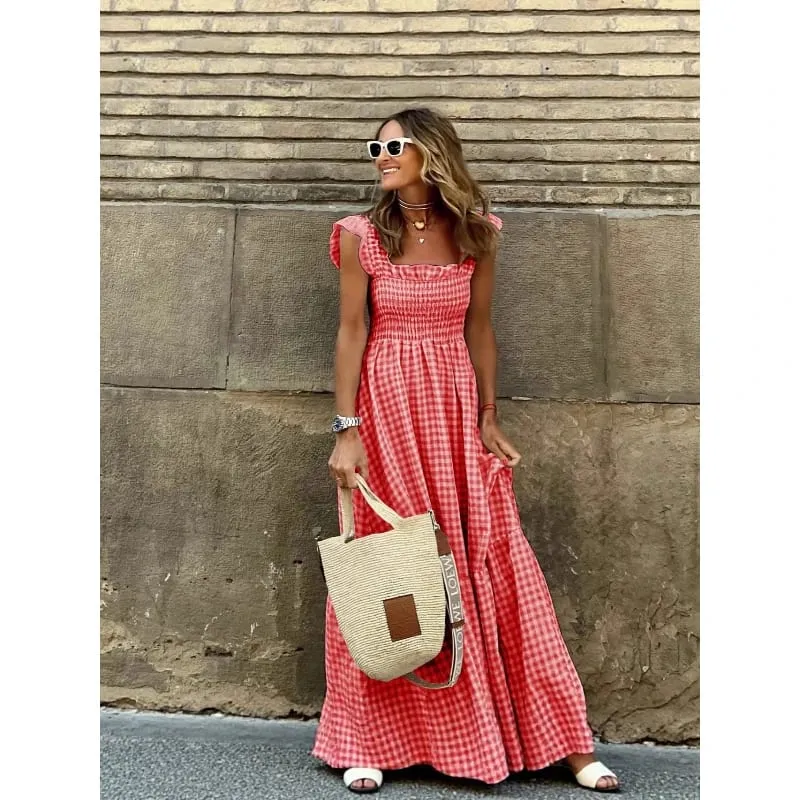 Elegante temperamento xadrez retalhos deslizamento boho vestido de verão plissado sem costas plissado cintura elástica balanço solto vestidos de festa — image 4